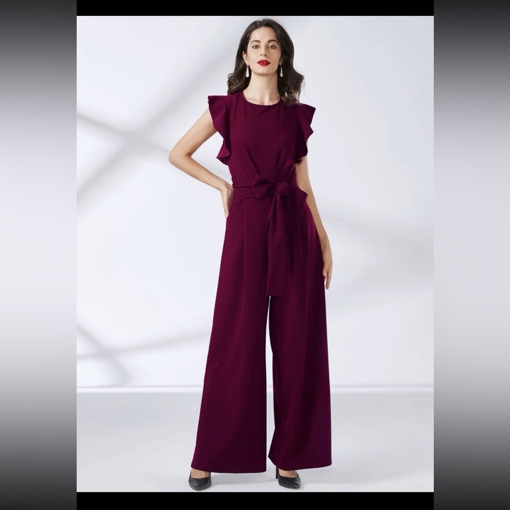 MIUSOL Ruffle Trim Belted Wide Leg Jumpsuit